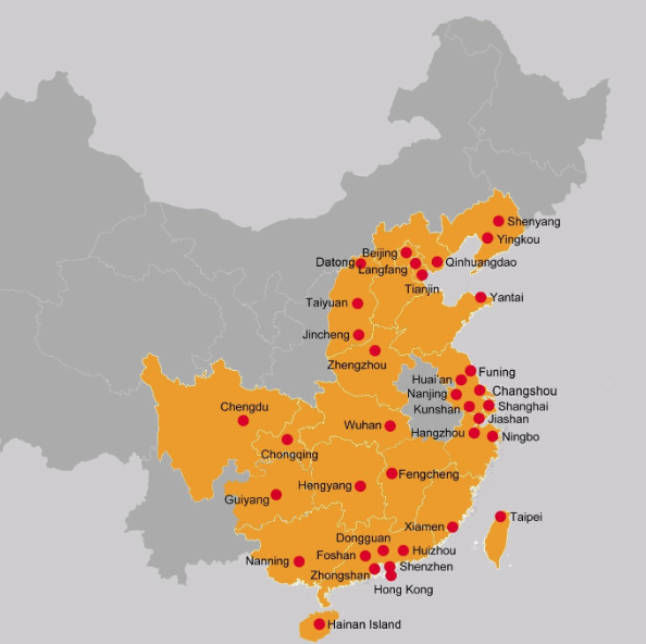 Foxconn locations in Greater China, 1974-2016.