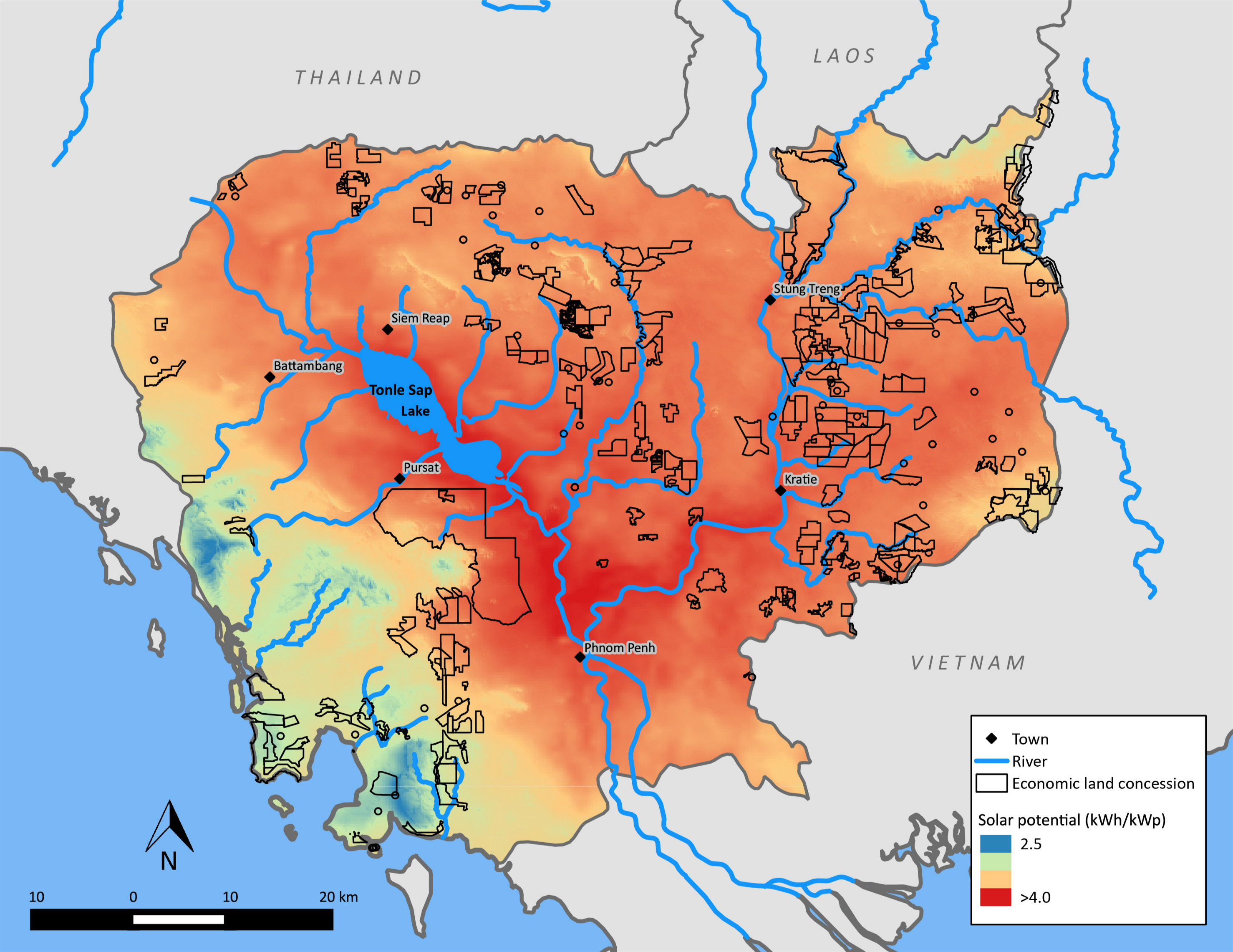map of Cambodia’s economic land concessions and solar potential