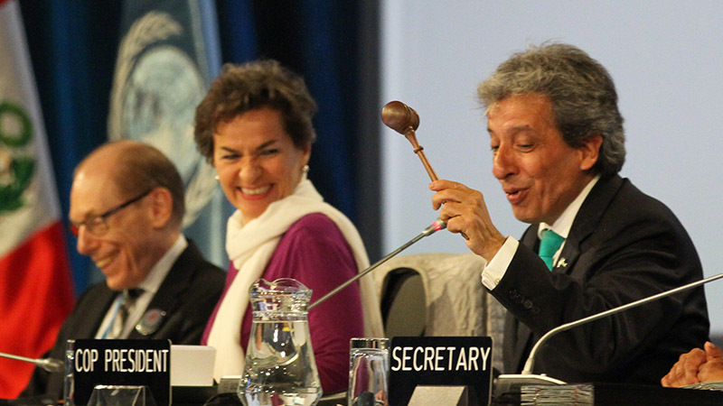 Figueres grins as Peru's environment minister Manuel Pulgar-Vidal signals agreement - and the end - of the 2014 Lima summit (Pic: IISD)
